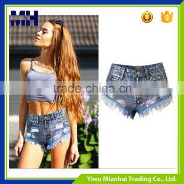 Hot sell high waist Irregular Denim jeans shorts with rivets