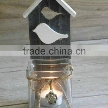 wholesale grey bird wooden candle holder with glass holder