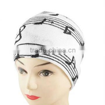 Women Skiing Black Music Note Print Ribbed Knit Beanie Cap Hat