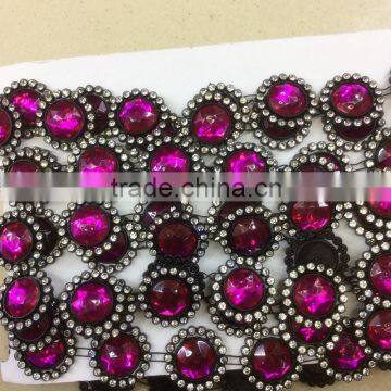 Sew-on Purple Octagon Glass Beaded On Black Base Rhinestone Applique Banding Diamond Chain