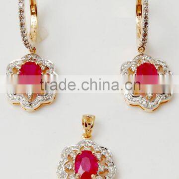 Floral Oval Ruby Round And Pave Set Diamond Hoop Earrings And Pendant Set For Party