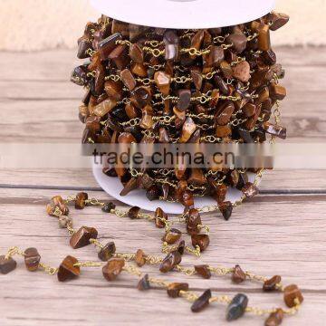 Natural Tiger Eye Stone Beads Wire Wrapped Chip Beaded Chain - Bronze Wire Wrapped Rosary Chain