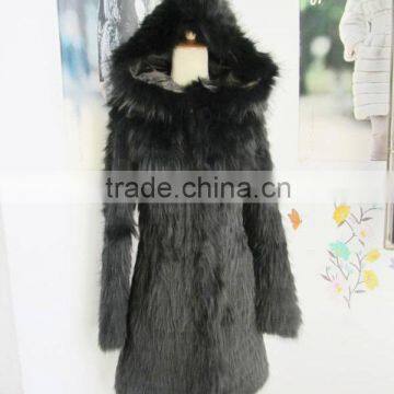 Luxury design black raccoon fur coat with big hood