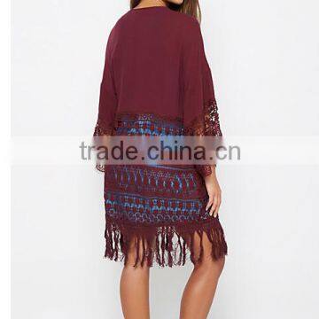 2016 latest design Sexy trim Patchwork kimono cardigan with fringes