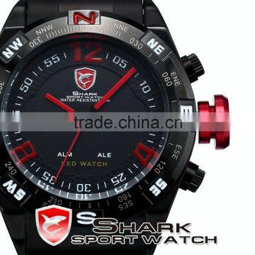 Luxury Red Shark Digital Date LED Quartz Men Stainless Steel Sport Army Watch