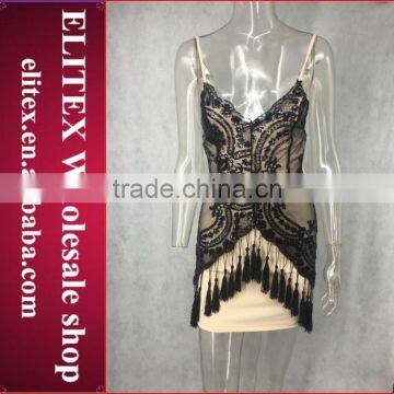 Wholesale fashion stock black sleeveless spangle party dress open sexy boobs