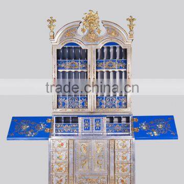 Gold Gilding Wooden Curio Cabinets With Flowers Paint Motif, Hand Painted Red Chinoiserie Secretary Cabinet With Drop Front Desk photo-3