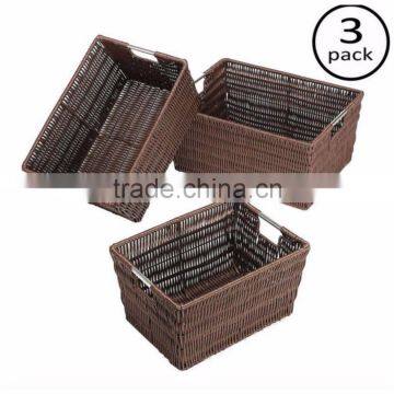 cheap Plastic Woven Wicker Storage Basket Set 3 Baskets Bin Box Organizer Container