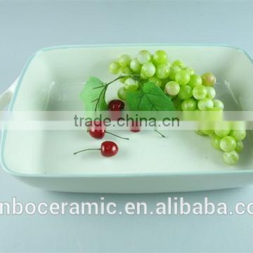 Enamel ceramic baking dish white green line decor serving dish rectangular with handle