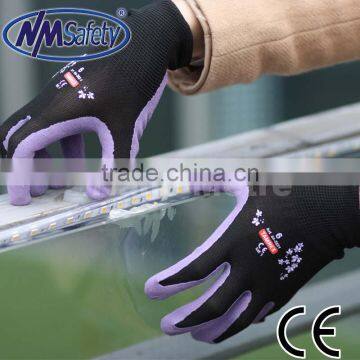 NMSAFETY EN388 knitted black nylon and spandex coated purple nitrile nice safety glove /wroking gloves