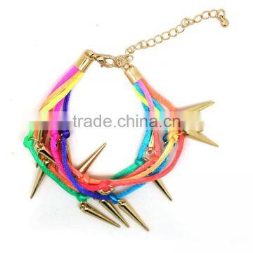 Multi Layered Silver Rivet Charms Neon Silk Cord Bracelet Europe Handmade Punk Style Bracelet