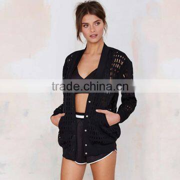 HAODUOYI Autumn Sexy Hollow Out Black Long Sleeve Button Down Mesh Bomber Jacket Casual Coat photo-4