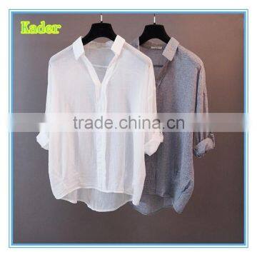 Custom cheap high quality linen long sleeve shirt women long loose shirt