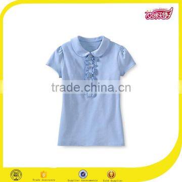 high quality 100% cotton School Uniform Girls Short Sleeve Ruffle Placket Polo shirt