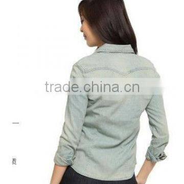 2016 Fashion Slim Fit Long Sleeves Washed Denim Shirt for Girls With Two Pockets on the Chest photo-2