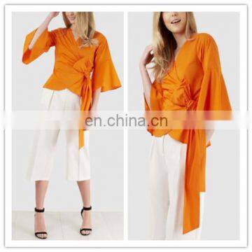 Ladies V-neck Ruffle Orange Casual Blouses With Kimono Sleeves (BL762203)