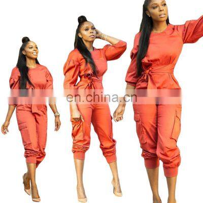 Wholesale Custom Women's Suits Long Sleeve Loose Solid Color Casual and Comfortable Lantern Sleeve Jumpsuit Fashion photo-5