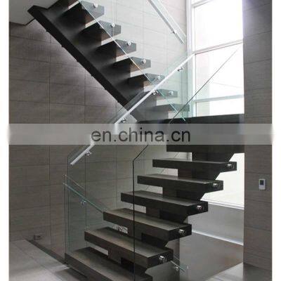 Double flight modern steel wood staircase with steel railing