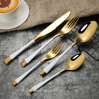 Luxury Stainless Steel Wedding Banquet White And Gold Plated Cutlery Silverware Flatware Spoon And Fork Set