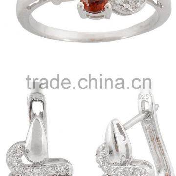 Three Stone Garnet 925 Sterling Silver Ring Earring Set