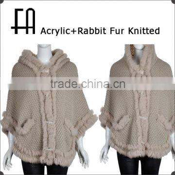 Factory Direct Wholesale Price Acrylic Poncho With Rabbit Fur Knit