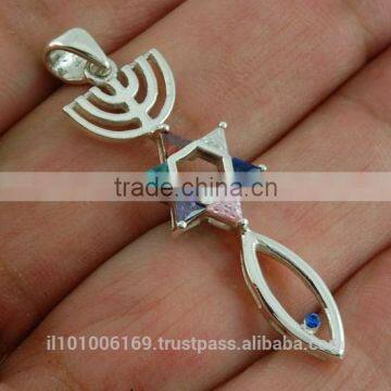 Messianic Seal of Jerusalem Sterling Silver Pendant, Set w Mix Color CZ, P428 photo-2
