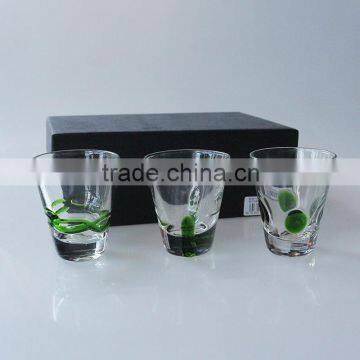 Customized handblown clear green line spot drinking whisky glass open wide mouth mini size