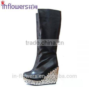 Black color Metal Wedge heel genuine leather women high heel boots