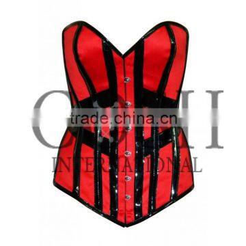 Overbust Steel Boned corset in red and black satin and PVC Ci-1153