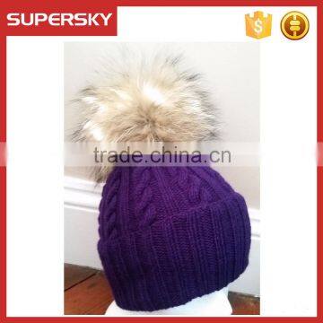 A-533 cabled knitting beanie with fur pom raccoon fur pom cable knit beanie fur pom pom ribbed beanie