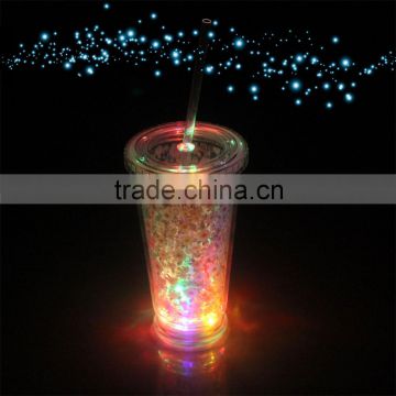 Double Walled Plastic Water Sensor LED Cup with Straw