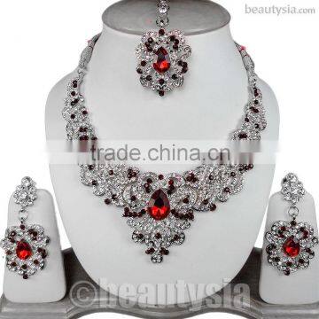 Outstanding Fashion Gemstones Silver Tone S80 Maroon Aishwarya Necklace Set