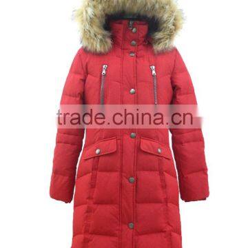 women puffer quilted knee length duck down jacket with fur hood