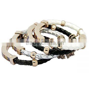 SRB3135 Multi-Color Braid Leather Bangle Rhinestone Setting Stainless Steel Charm Leather Bracelet