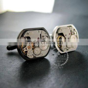 15x18mm vintage style steam punk watch movement core rhodium,metal gun black fashion cuff links 6600067