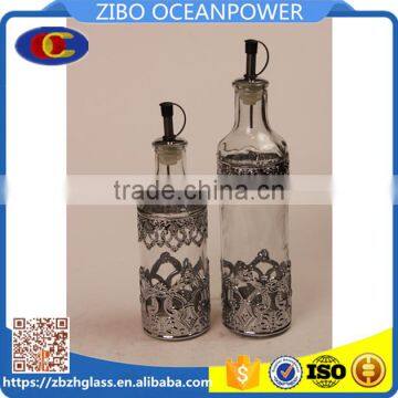 2pcs Glass Oil Vinegar Bottle Set With Silver Carving Metal Coating