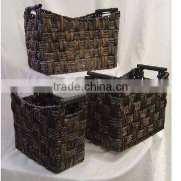 3pc water hyacinth storage basket with wood handle