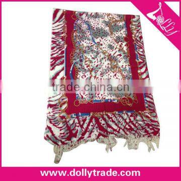 hot selling red polyster winter scarf red printed scarf with tassels