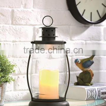 12" Black Metal And Glass Candle Lantern