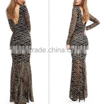 Latest design wholesale china trendy style ladies sequin sexy tight dress porn long sleeves dress with breads