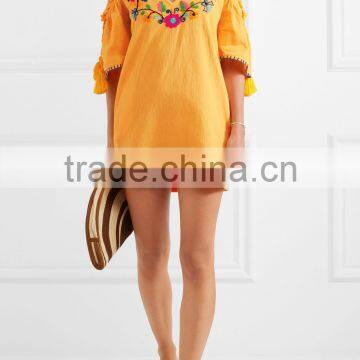 Boho Cold-shoulder Flora Embroidered Crinkled Cotton Mini Dress Mexican Western Dresses Names HSd5199 photo-4