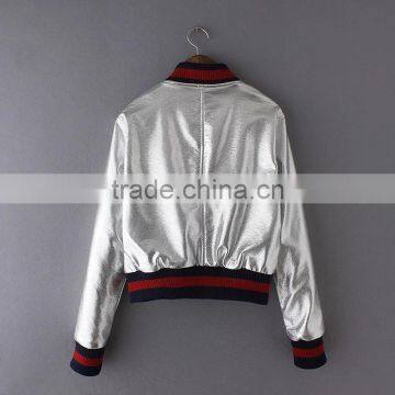 Guangzhou Wholesale Ladies Shiny Foil Jacket Fashion Design Women Bomber Jacket photo-3