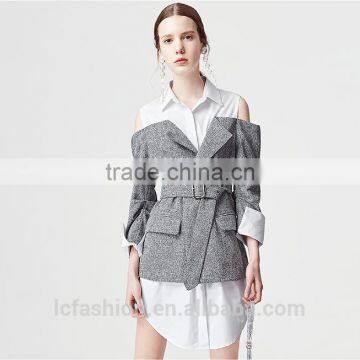 2017 New Design Cold Shoulder Long Sleeve Fake 2 Piece Shirt photo-3
