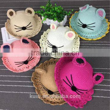 Pretty Lovely Kids Straw Hat Cat Ears Hand-woven Soft Straw Hats Baby Cartoon Cap Summer Straw Sunbonnet Infants Children mz-255