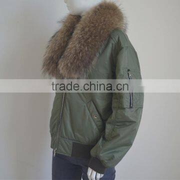 Myfur Green MA1 Bomber Jacket with Removable Raccoon Fur CollarNylon Bomber Jacket