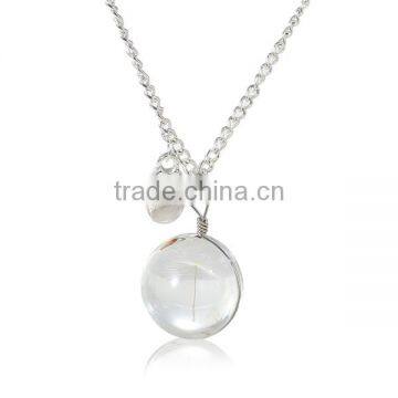 New Fashion Real Dandelion Clear Glass Round Pendant Necklace Link Curb Chain Silver Plated With Oval Message " Wish " Carved