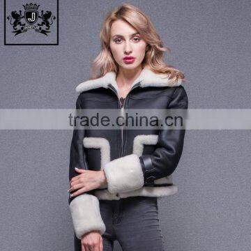 New arrival winter double face coat sheepskin fur jacket women leather motorcycle jacket