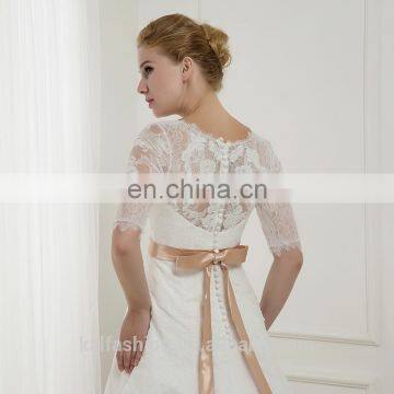 EBX-65 Subtle Short Sleeve Lace Cover Long Train Gold Beading Belt Satin Wedding Dress photo-3