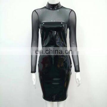 Dress Dropshipping Women Clothing Sexy Mesh Strapless Faux Leather Bodycon Mini Dresses photo-4