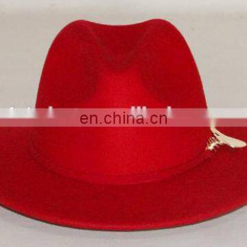 Red fedora hat with wool trim, spring color